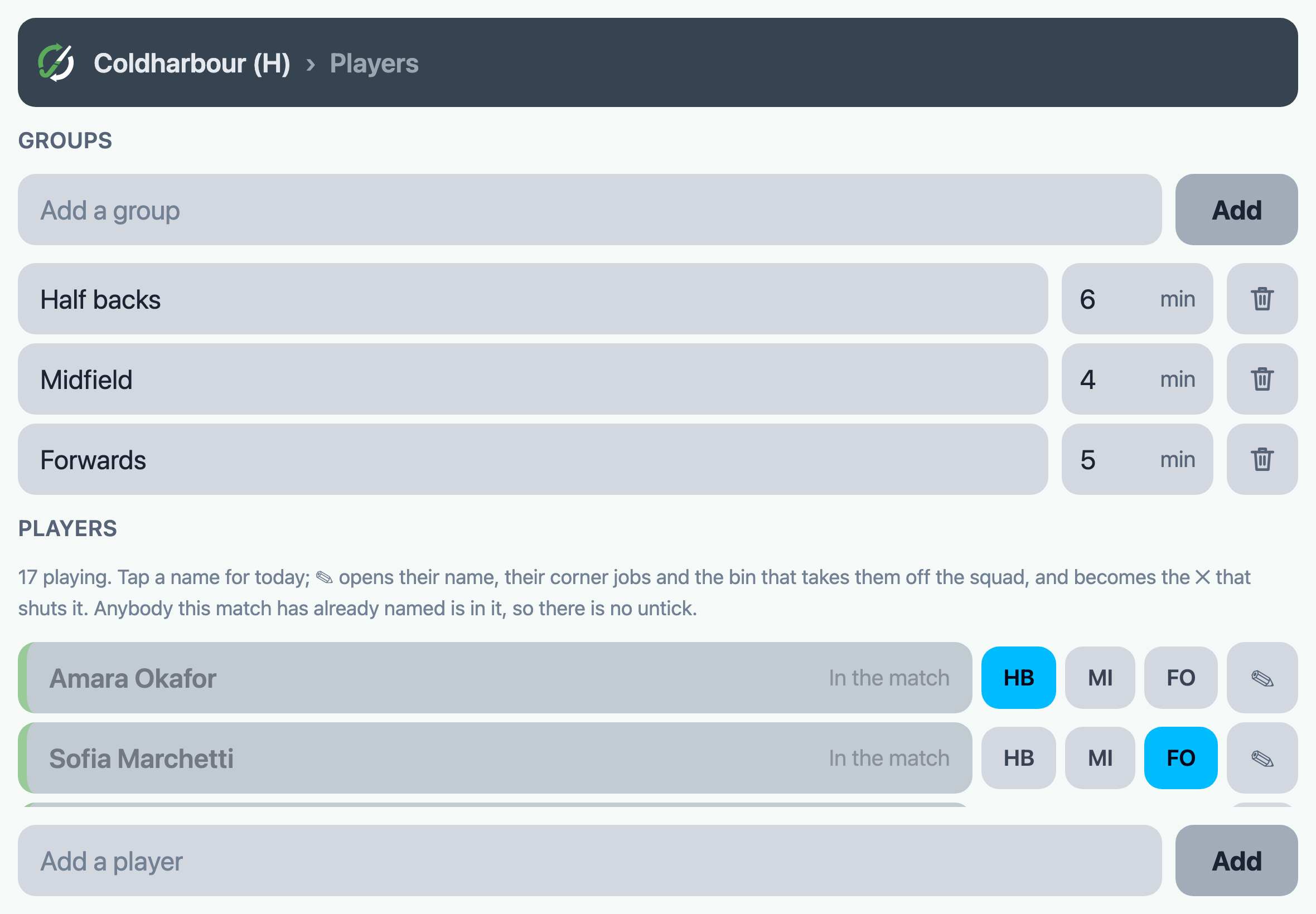 Groups on the Players screen: Half backs at 6 min, Midfield at 4, Forwards at 5, and under them each player's row with HB, MI and FO to tap.