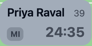 A card out on the pitch: Priya Raval, 39 minutes played, and 24:35 on this stint.