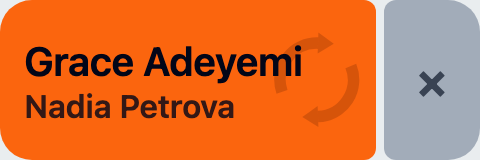 A bench card gone orange, Grace Adeyemi in big letters above Nadia Petrova, two arrows chasing each other behind the names, and a ✕ beside it.